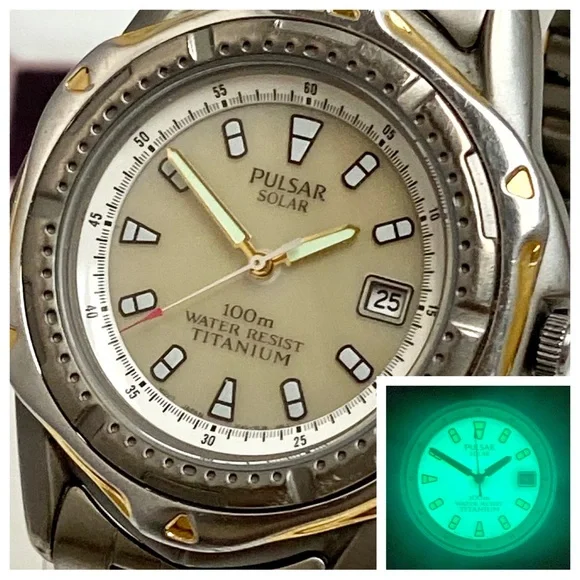 Vintage Pulsar by Seiko Solar Two tone Titanium Sports Watch Full Lume Dial